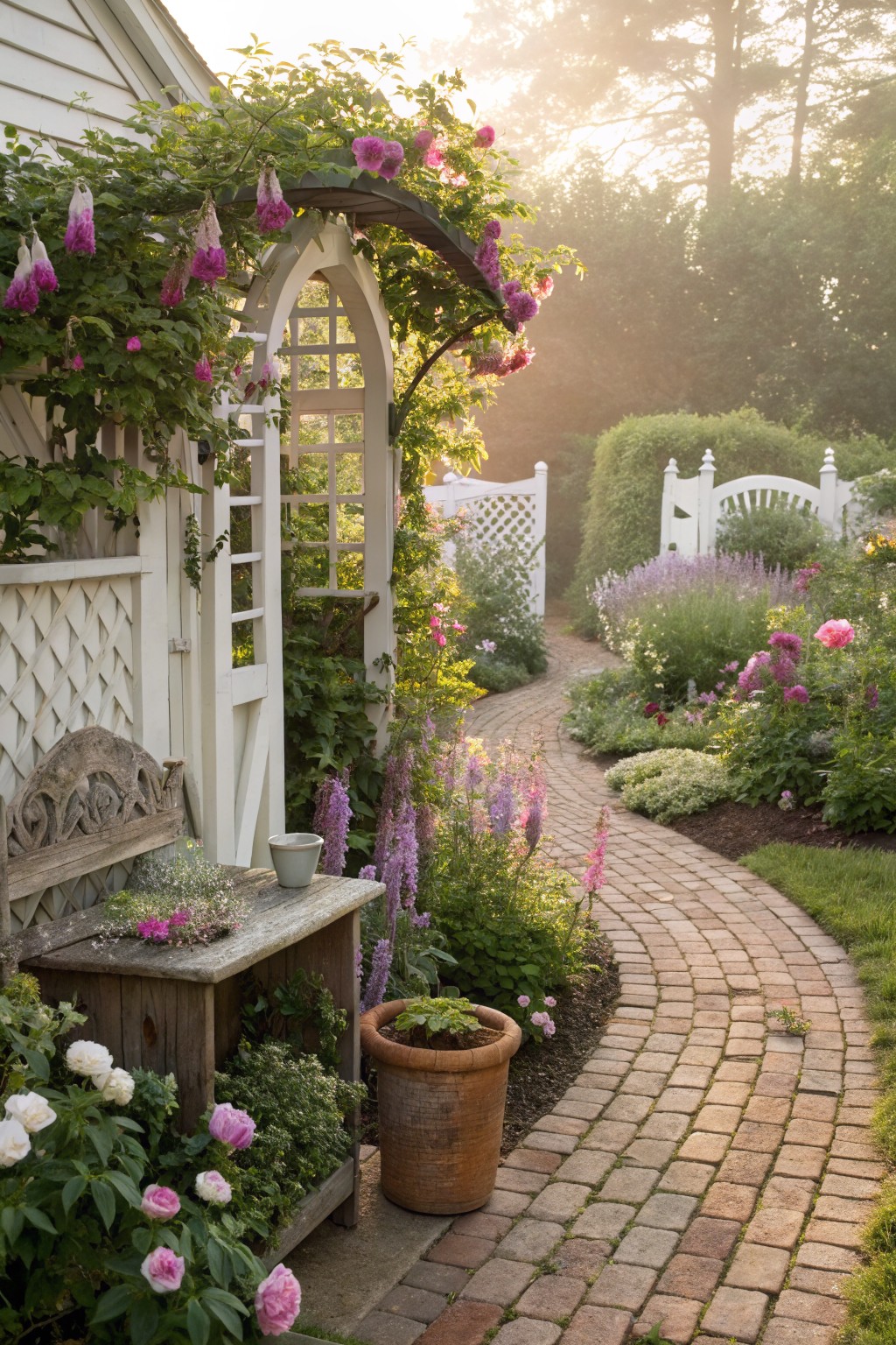 White clapboard house wall with wooden bench, table, and potted plants beside a curved red brick path winding through lush garden beds of pink roses, foxgloves, lavender, and other perennials under a trellis archway covered in fuchsia flowers leading to a white garden gate.