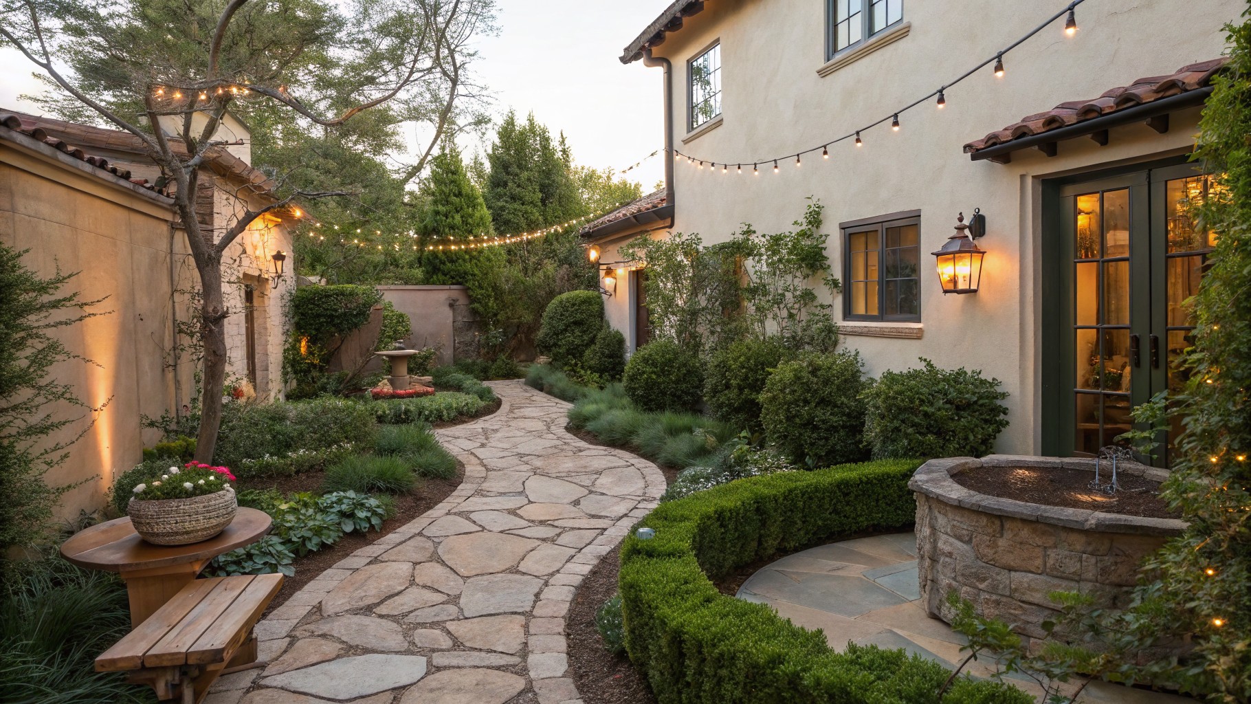 Winding flagstone pathway edged by clipped green boxwood hedges in a backyard garden, featuring a wooden fountain, teak bench, string lights, potted plants, and the beige stucco side of a house.