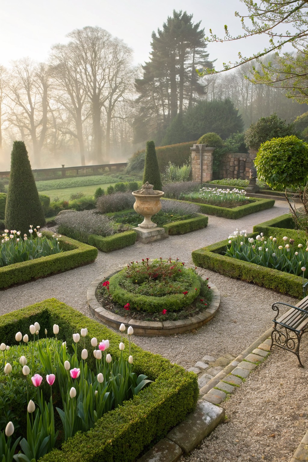 Formal parterre garden with clipped boxwood hedges forming geometric beds filled with tulips, a central circular rose bed, stone urns, gravel paths, and a bench against a misty woodland backdrop.