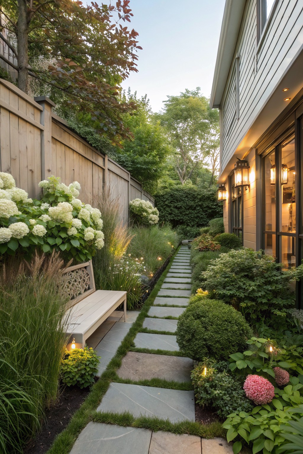 Narrow backyard pathway of irregular gray stone pavers set in grass, bordered by tall ornamental grasses, white hydrangea blooms, shrubs, a wooden bench, and small path lights, adjacent to a wooden fence and modern house exterior.