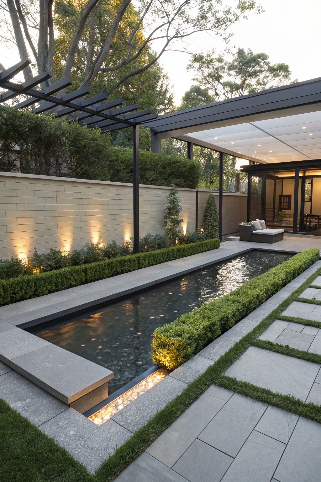 Long narrow black reflecting pool in a backyard courtyard, bordered by clipped boxwood hedges and stone pavers, with wall-mounted lights, a pergola-covered patio, and modern house visible.