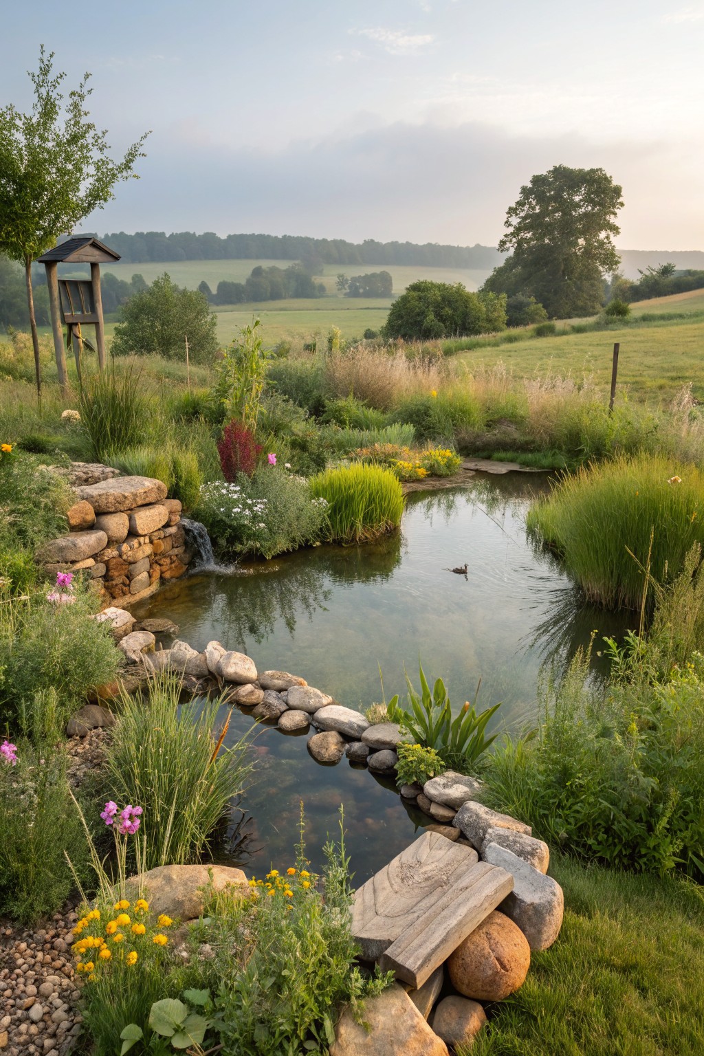 A backyard pond with a cascading stone waterfall, edged by rocks and surrounded by tall grasses, colorful flowers, shrubs, and plants, with a duck swimming in the water and rolling fields in the background.