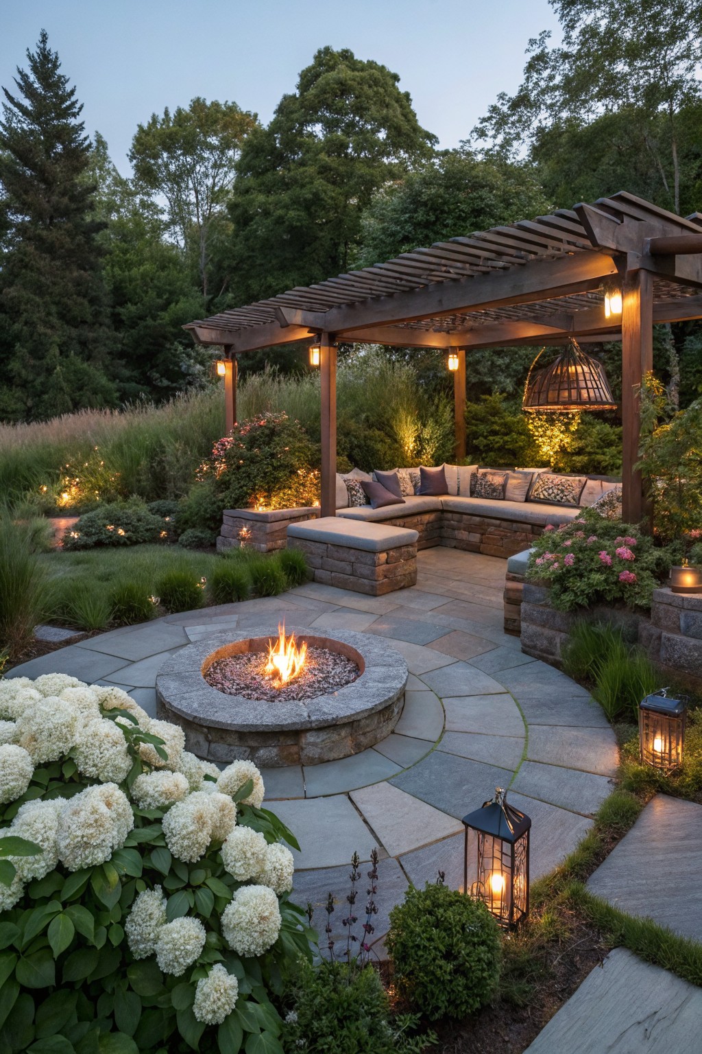 Wooden pergola covers L-shaped built-in stone bench seating surrounding a lit circular gas fire pit on slate pavers, with white hydrangeas, lanterns, and garden plantings at dusk.