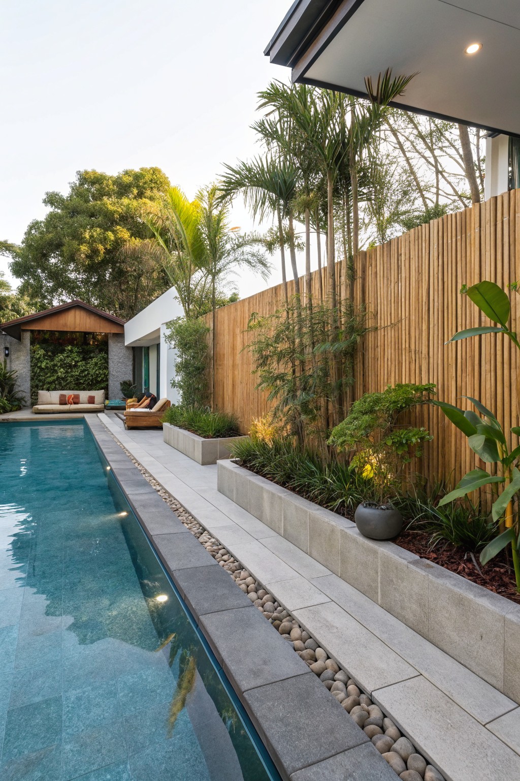 Long lap pool with dark edge tiles and pebble accents, bordered by white concrete planters filled with lush tropical plants and grasses, bamboo fence with greenery behind, palm trees, and lounge chairs on a tiled deck.