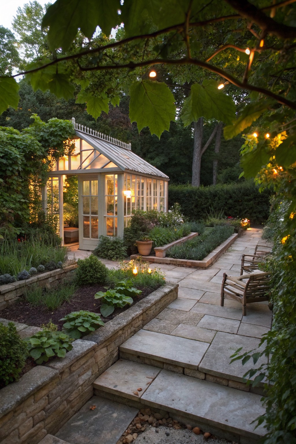 Evening view of a backyard garden with a white greenhouse, terraced raised planting beds edged in stone walls, flagstone paths and steps, wooden chairs, potted plants, and string lights amid greenery.