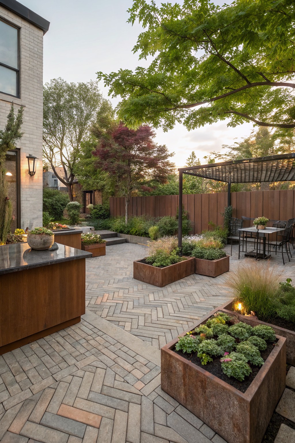 Backyard patio featuring herringbone-patterned paver paths, large corten steel raised planters with green foliage, wooden outdoor kitchen counter, metal pergola over dining table, and surrounding trees and fence.