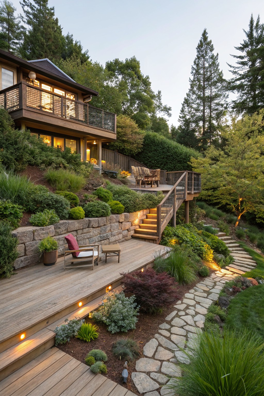 A two-story house on a steep, wooded hillside featuring wooden decks, stone retaining walls with plantings, stairs, and a winding stone path illuminated by low lights.