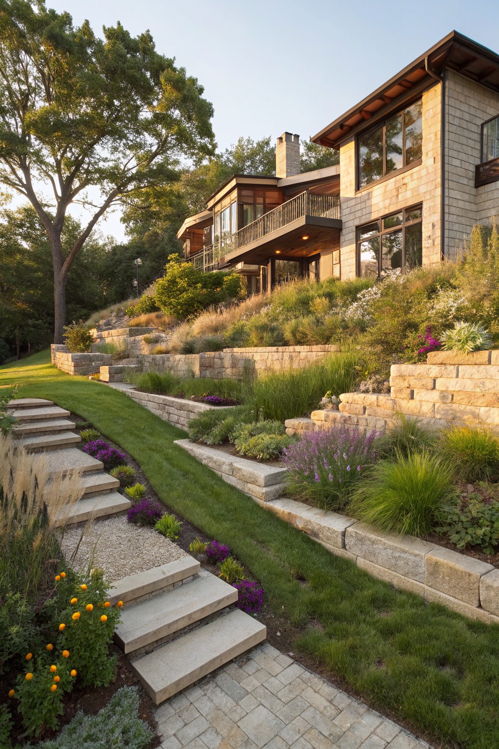 Hillside backyard with terraced stone retaining walls, wide concrete steps, gravel path, grass, ornamental grasses, flowers, and a modern stone house in the background.