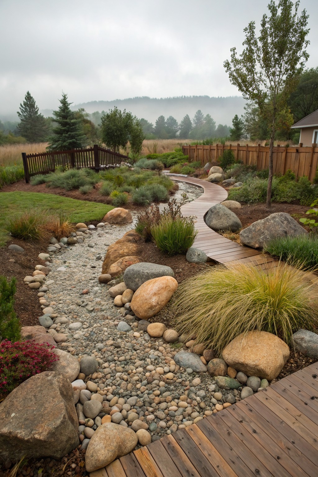 Backyard dry creek bed path made of pebbles and large boulders winding through ornamental grasses and shrubs, with a parallel curved wooden boardwalk, enclosed by a wooden fence and trees under overcast skies.