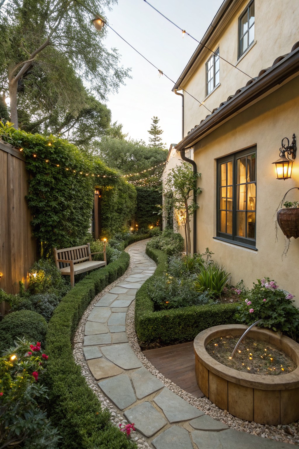 Winding flagstone pathway edged by clipped green boxwood hedges in a backyard garden, featuring a wooden fountain, teak bench, string lights, potted plants, and the beige stucco side of a house.