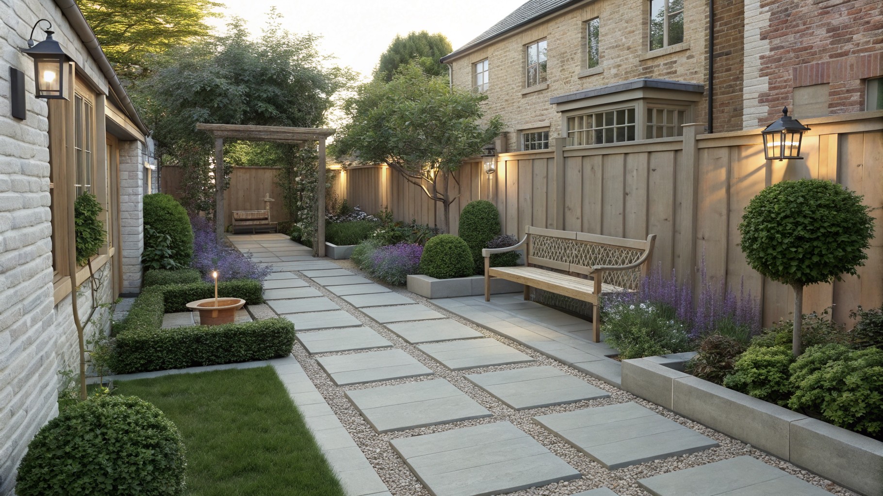 Narrow backyard pathway of large rectangular gray stone pavers separated by pebbles, lined with lavender plants and boxwood shrubs, wooden benches, lanterns, and a pergola beside a beige stucco house wall.