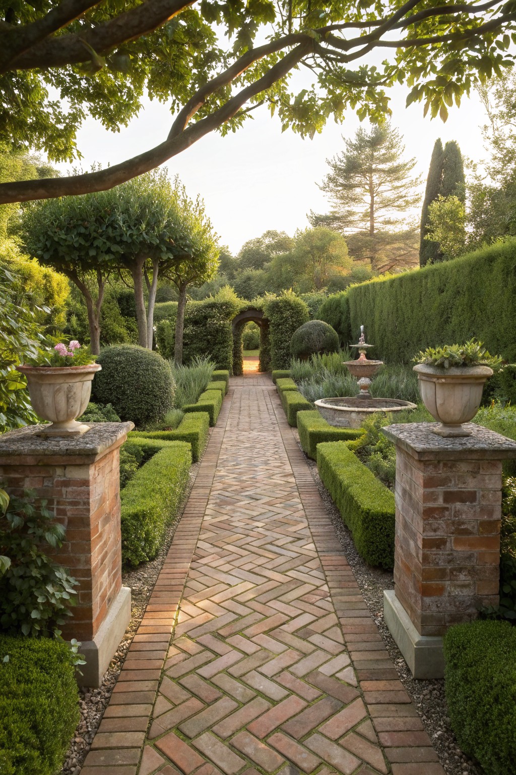 Herringbone-patterned brick pathway flanked by boxwood hedges, stone pedestals with urns, and a central fountain in a formal garden with trees and an arched opening ahead.