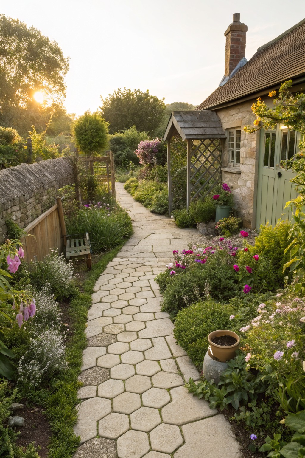 A curving path of beige hexagonal stone pavers winds through dense flower beds and greenery toward a stone cottage with a green door, bordered by a low wall and trees at sunset.