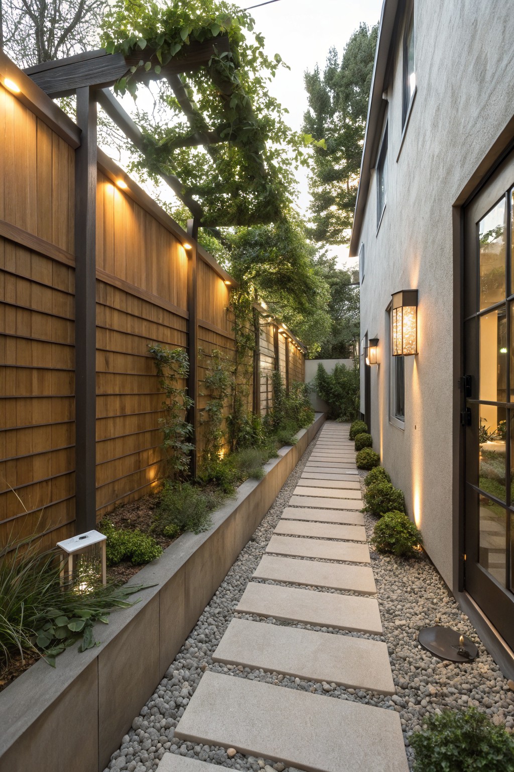 Narrow side yard pathway with large rectangular stone pavers set in white gravel, bordered by a wooden fence on one side and raised concrete planting beds with greenery on the other, illuminated by low wall lights and lanterns.