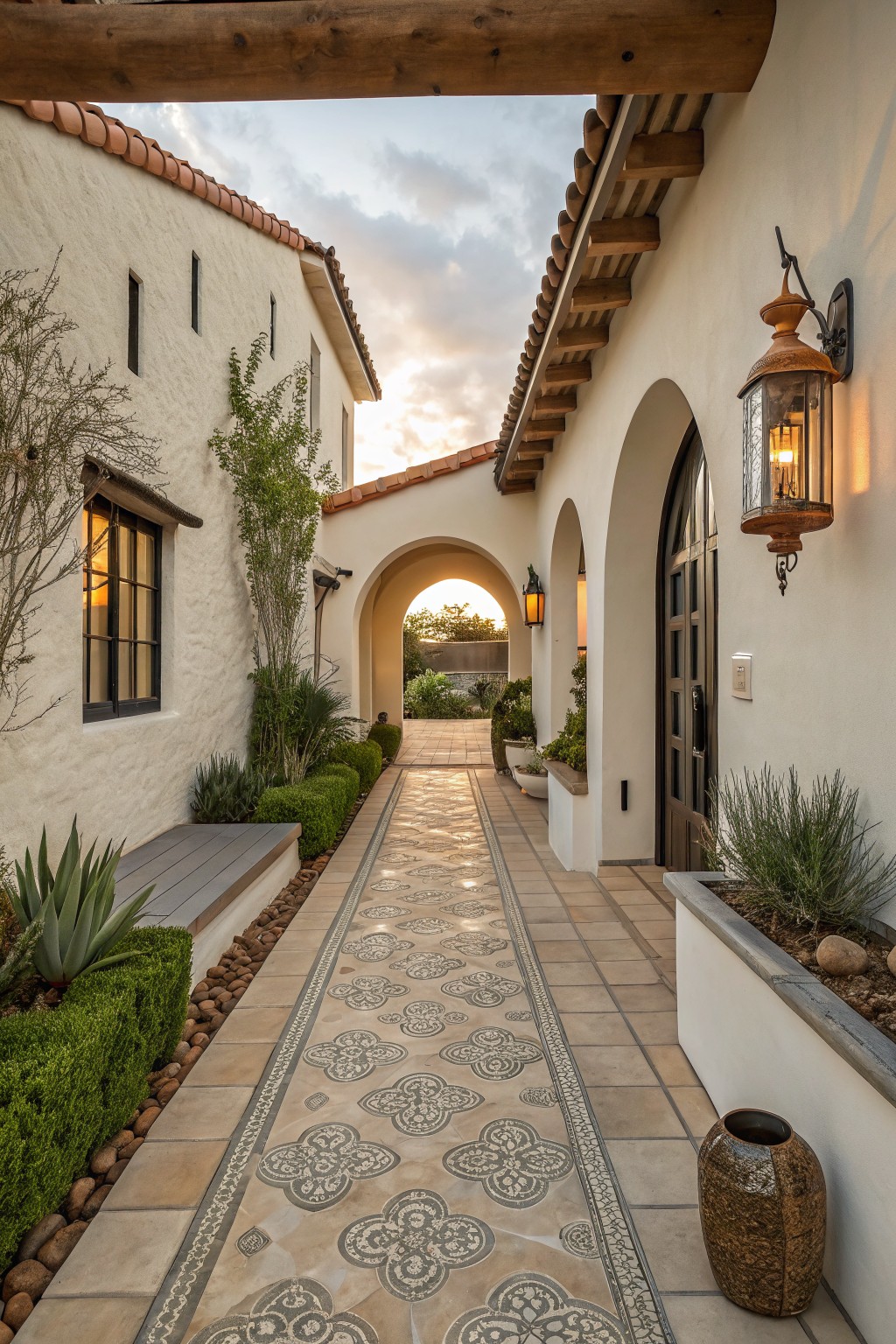 Narrow outdoor walkway between white stucco walls with ornate gray tile pavers in a floral pattern, flanked by agave plants, boxwood hedges, lanterns, and an arched opening leading to a courtyard.