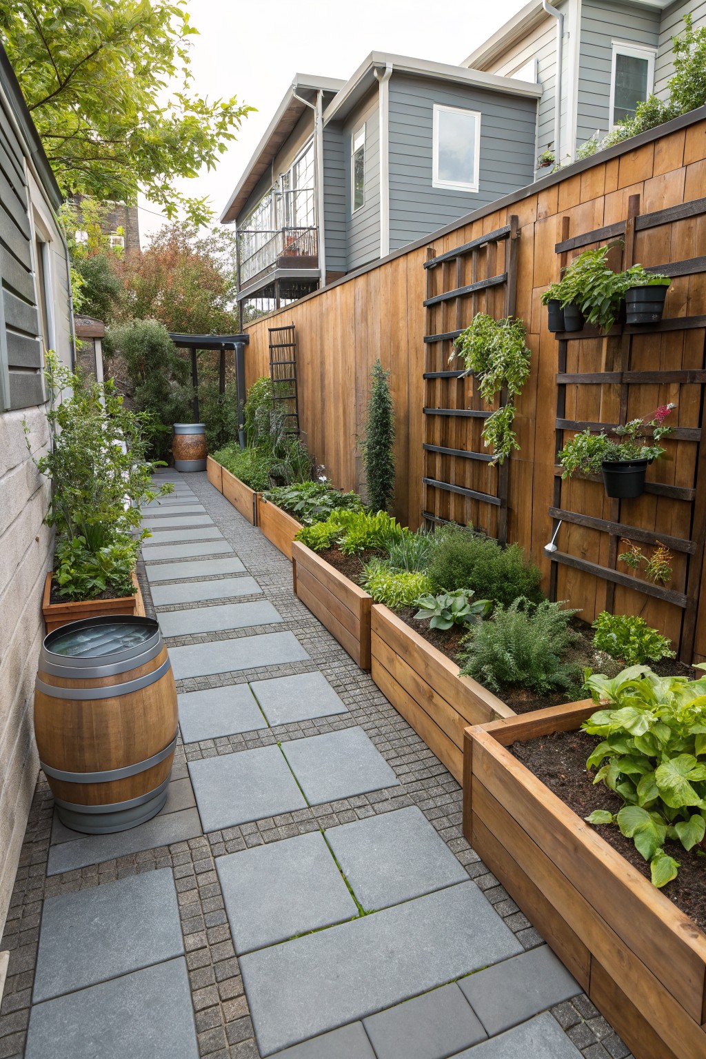 Narrow backyard path of gray rectangular pavers between wooden raised garden beds filled with plants, vertical planters on fences, and wooden barrels along a fenced alley.