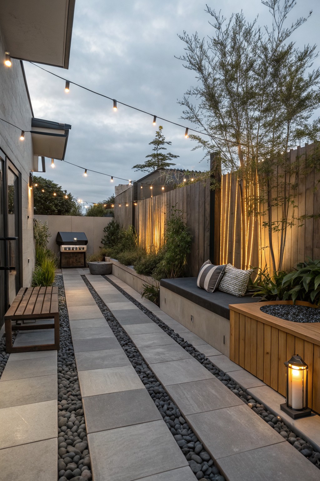 Narrow backyard pathway of large gray concrete pavers separated by dark pebble strips, with plants, wooden bench, BBQ grill, fire bowl, string lights, and bamboo fencing at dusk.