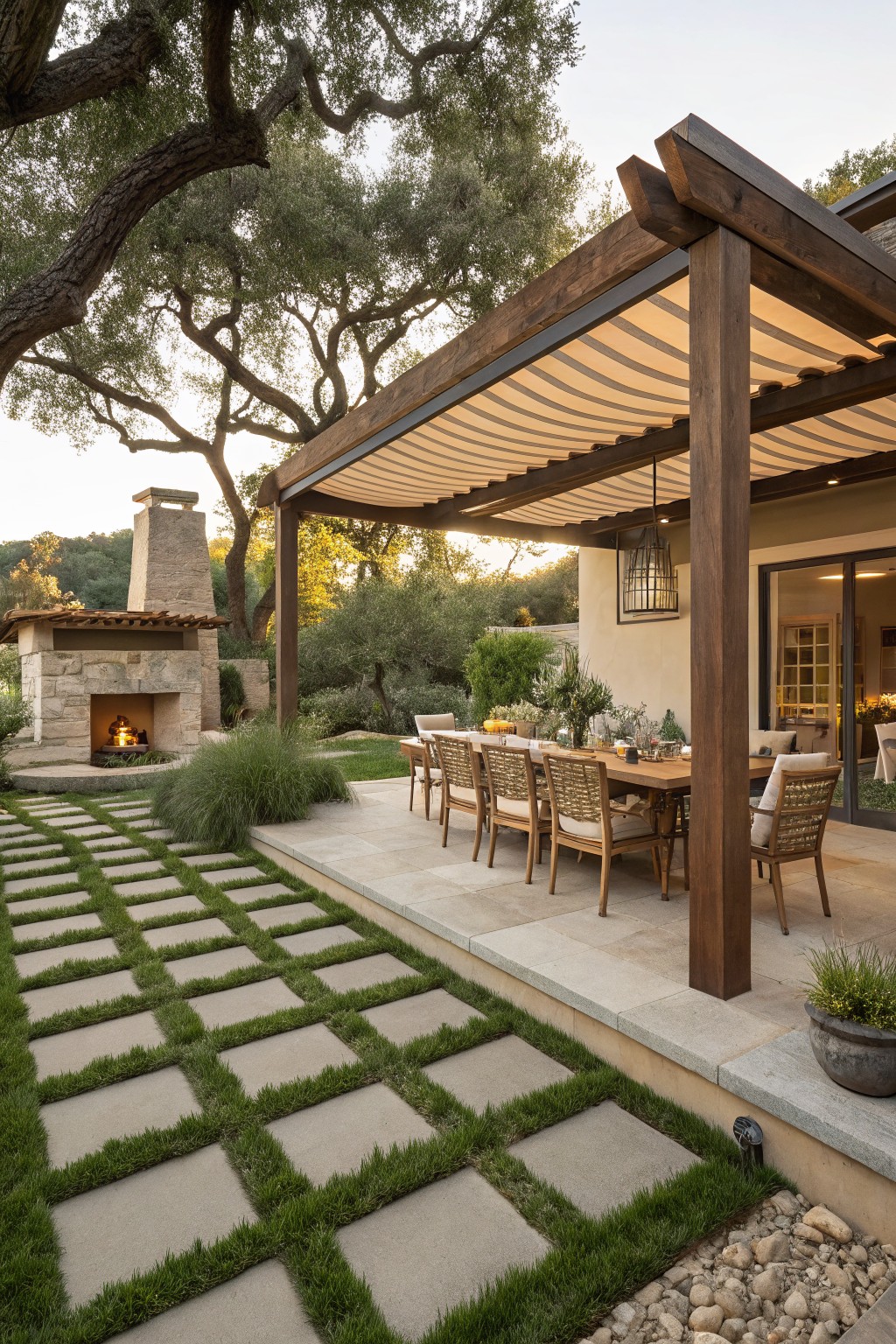 Backyard patio under a wooden pergola with beige striped awning covering a long wooden dining table with chairs, adjacent stone outdoor fireplace, and foreground path of large square concrete pavers separated by grass strips amid gravel and plants.