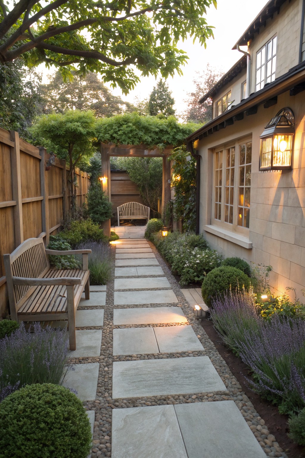 Narrow backyard pathway of large rectangular gray stone pavers separated by pebbles, lined with lavender plants and boxwood shrubs, wooden benches, lanterns, and a pergola beside a beige stucco house wall.