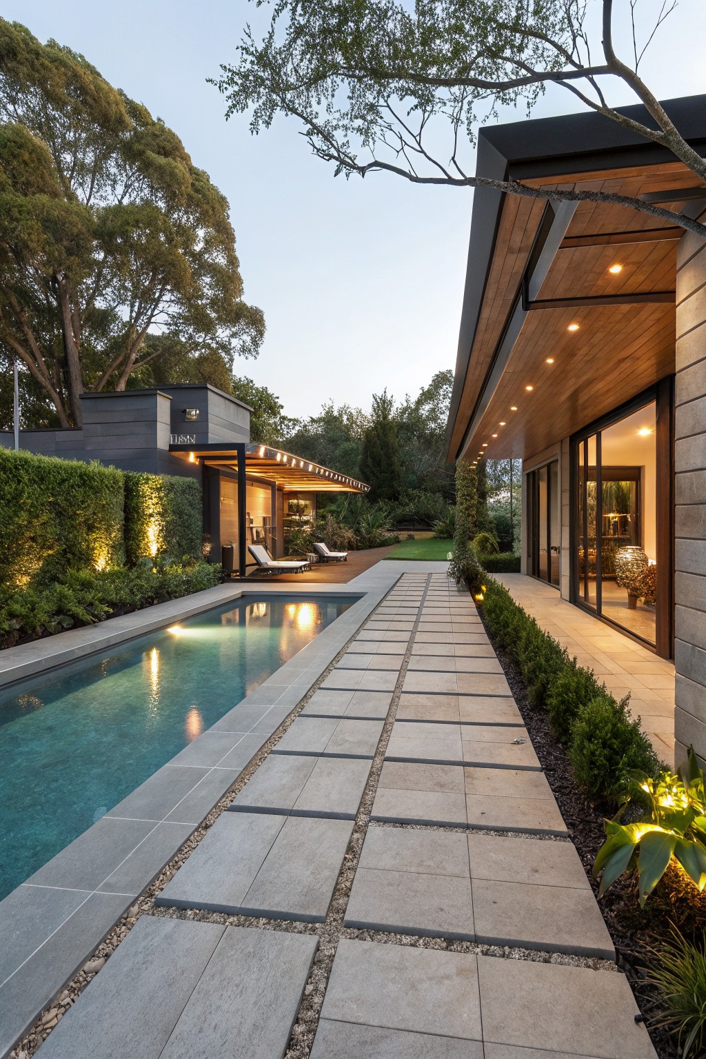 Narrow swimming pool with illuminated turquoise water alongside a grey stone paver pathway featuring white pebble joints, bordered by low green hedges and leading toward a modern house with timber cladding at dusk.