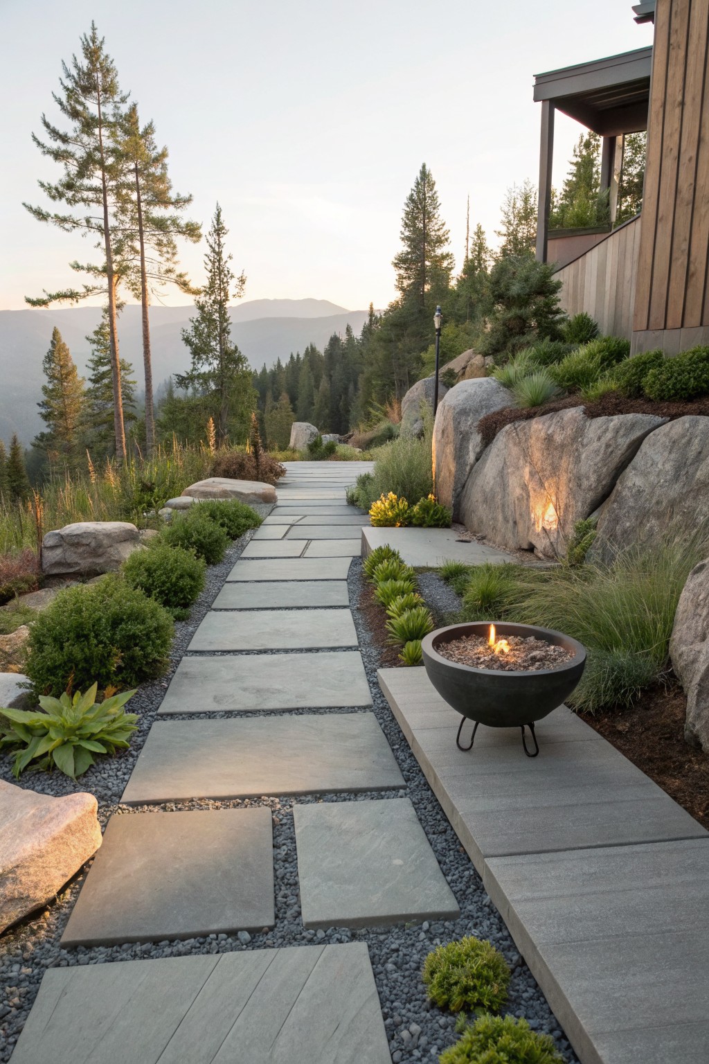 Stone paver pathway winding through large boulders and low greenery, with a bowl-shaped fire pit, pine trees, and distant mountains visible.