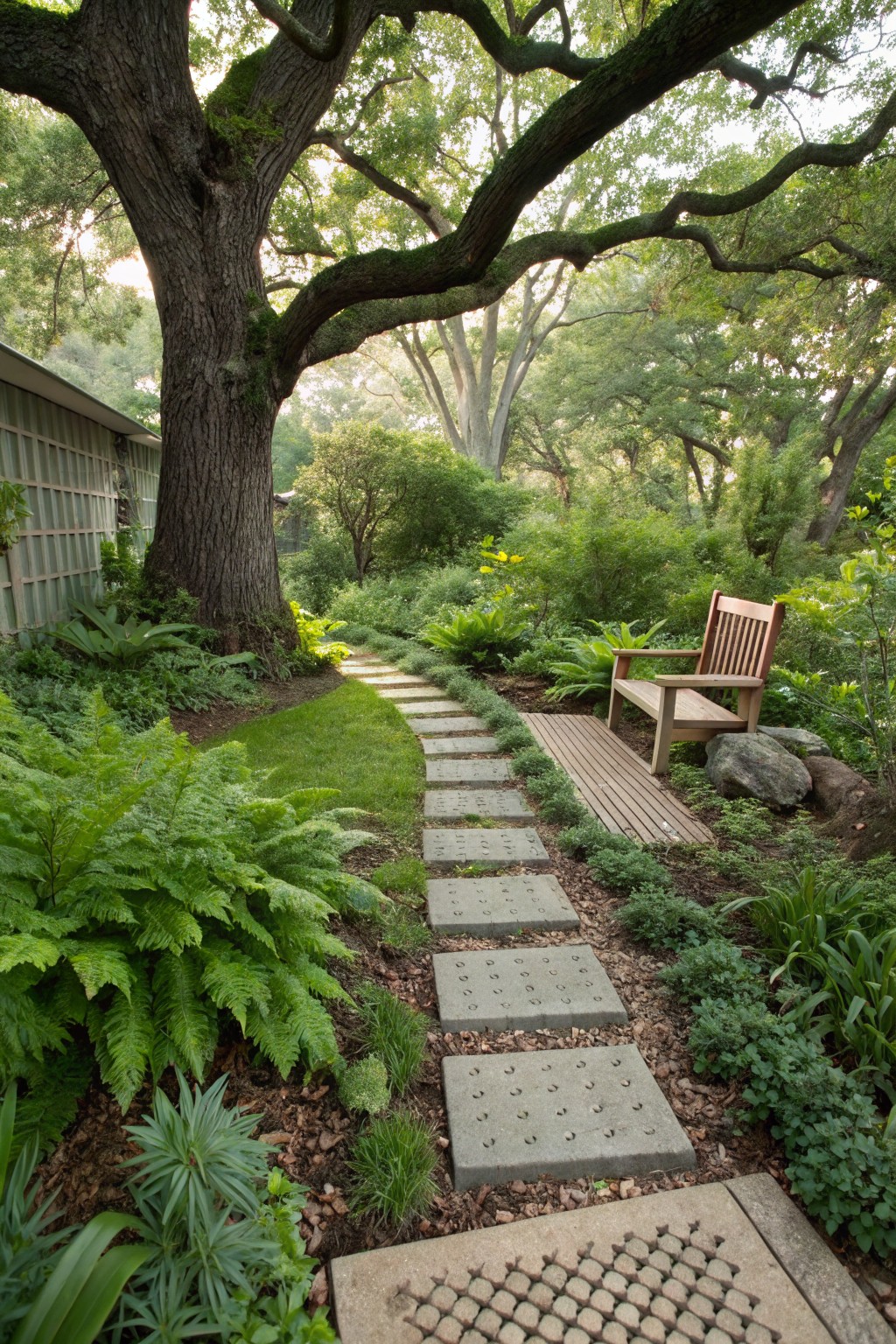 A winding garden path of square gray concrete pavers with dotted textures leads through lush green ferns and plants to a wooden bench, backed by a large mossy oak tree and a shingled house wall.