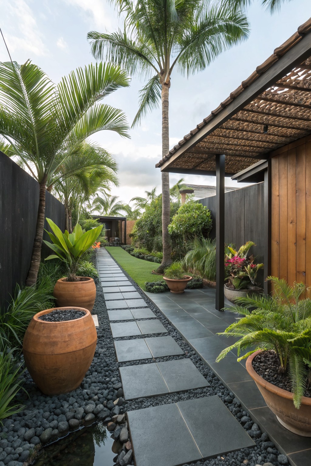 Straight dark stone paver pathway edged with black pebbles and flanked by large terracotta pots, tropical plants, and palms leading to a covered wooden structure.