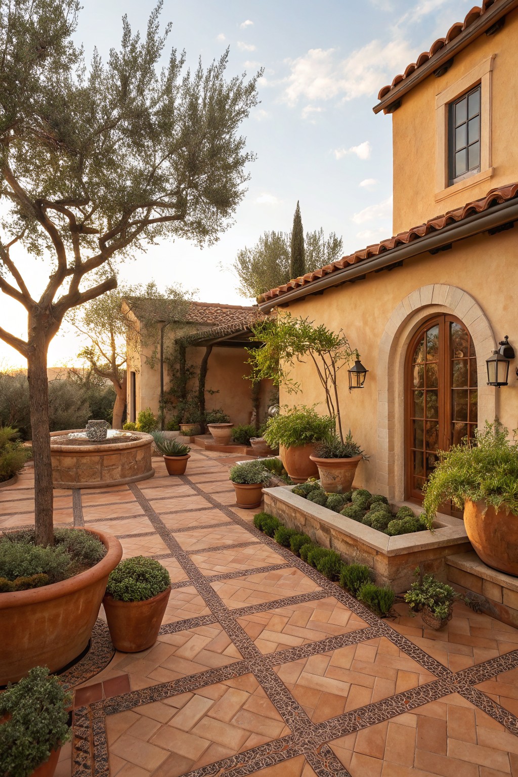 Backyard courtyard with terracotta pavers in a diamond weave pattern, stone fountain, large terracotta pots with plants, olive trees, and arched wooden door on beige stucco house wall.