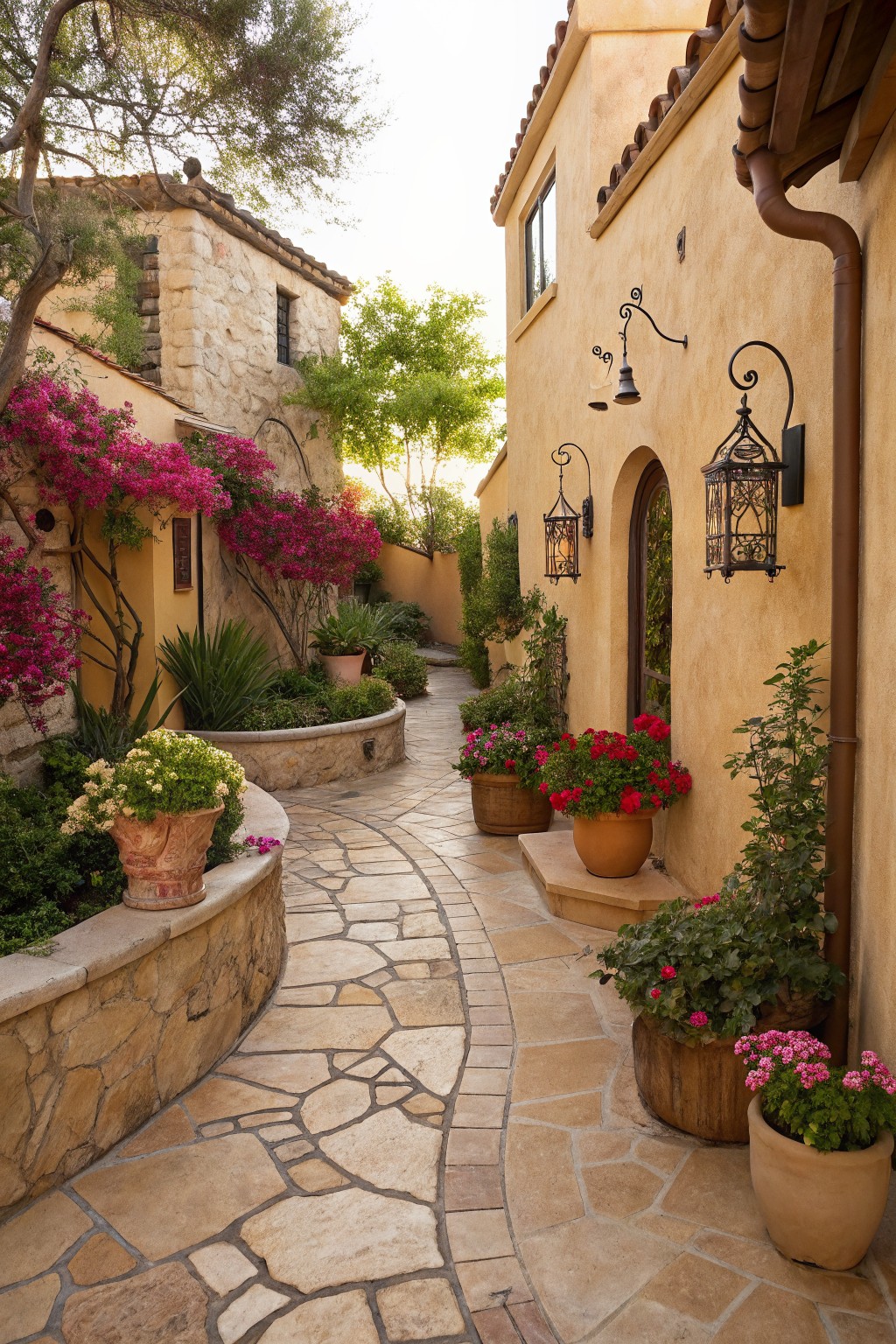 Narrow winding pathway of irregular beige stone pavers curving between tan stucco walls with arched doorways, wrought iron lanterns, climbing pink bougainvillea, and potted plants along the edges in a garden courtyard.