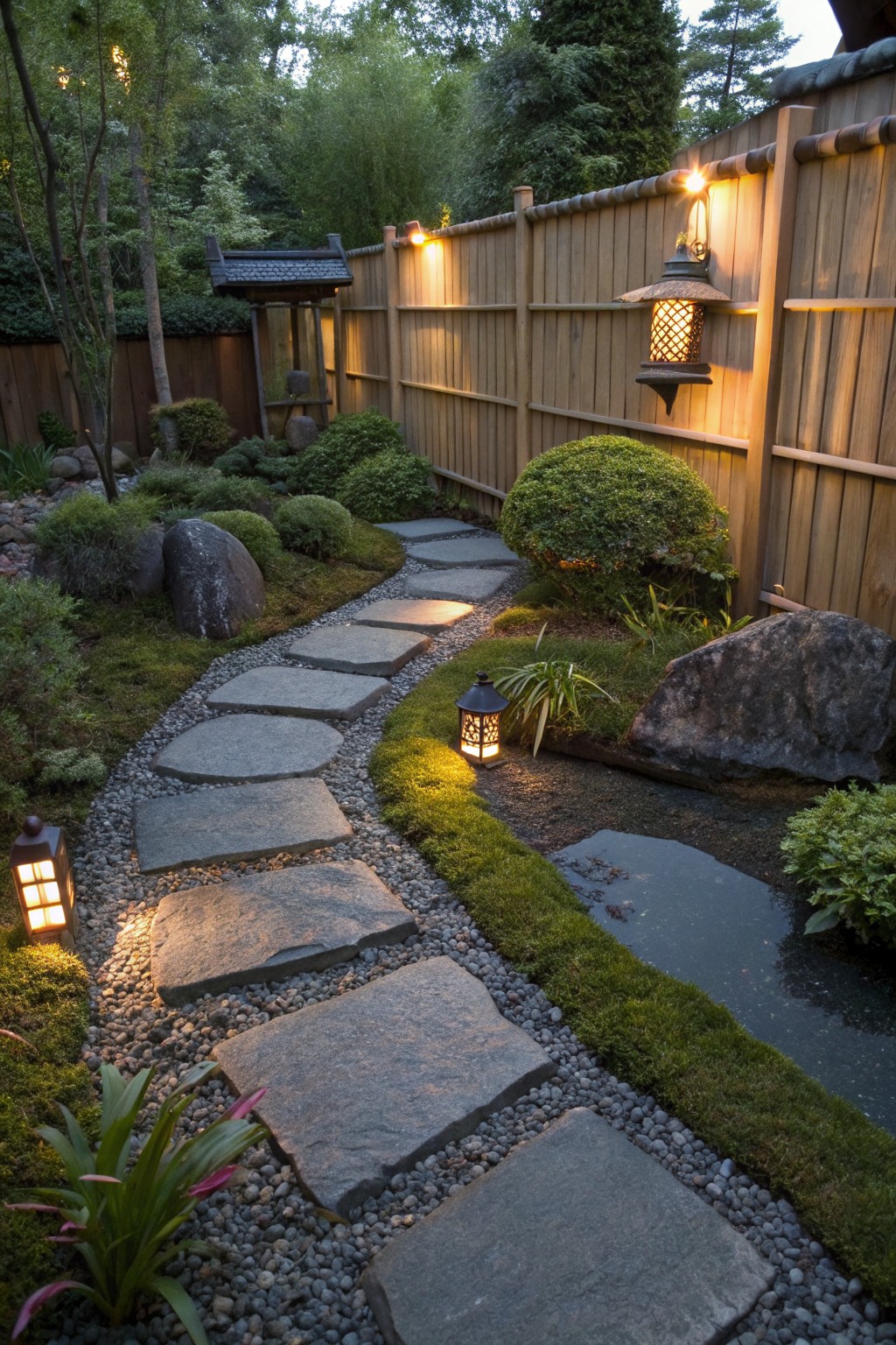 Winding path of irregular gray stone pavers through a Japanese-style backyard garden with gravel edges, moss, boulders, lanterns, plants, bamboo fence, and small water feature at dusk.