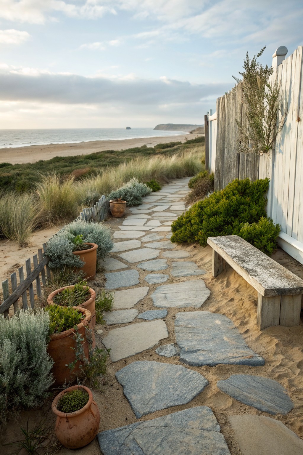 Winding path of irregular gray stone pavers through sand and dune grasses, lined with terracotta pots of silver-leafed plants and shrubs, next to a white wooden fence, with beach and ocean in the background.