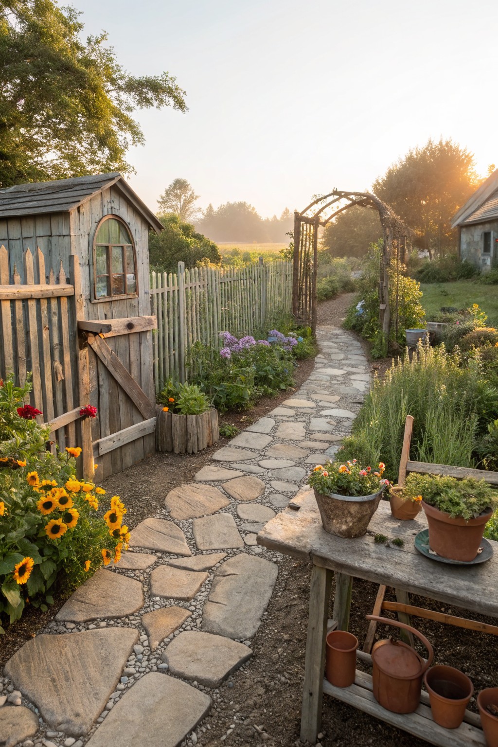 Winding flagstone path through a lush garden with flower beds, potted plants on a wooden table, small shingled shed behind a picket fence, arched wooden gate, and distant fields at sunrise.