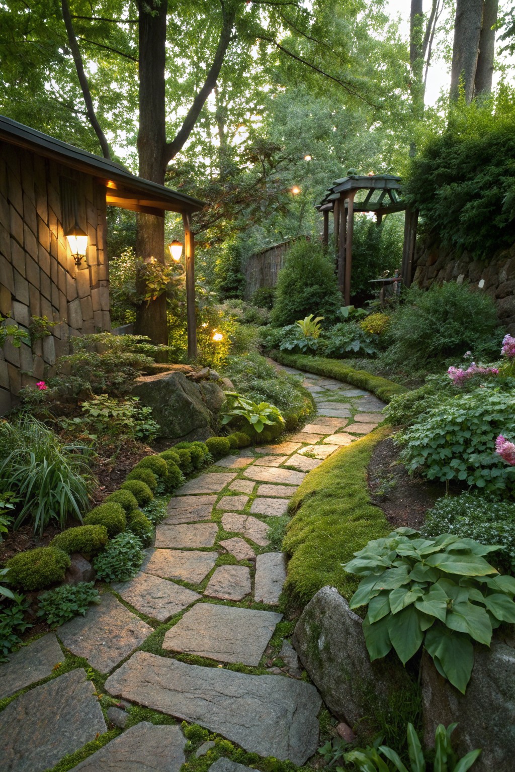 Winding flagstone path with moss in cracks and low green shrubs along edges, curving through lush garden beds with rocks and plants beside a shingled wooden shed in a wooded backyard.