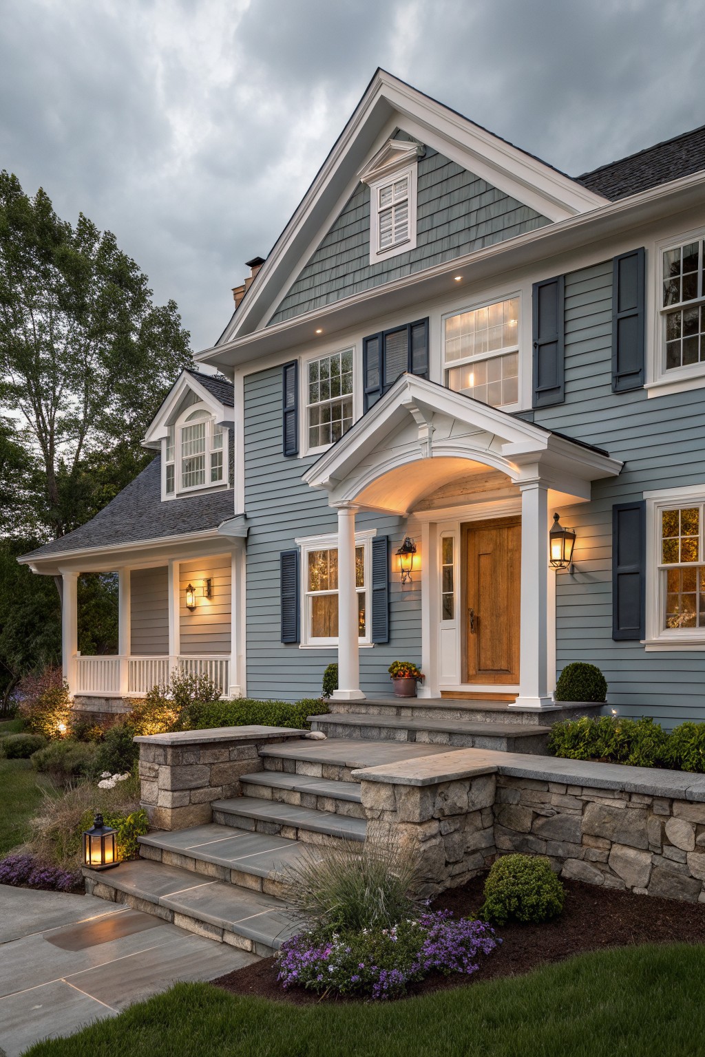 A house with soft blue gray siding and white trim.