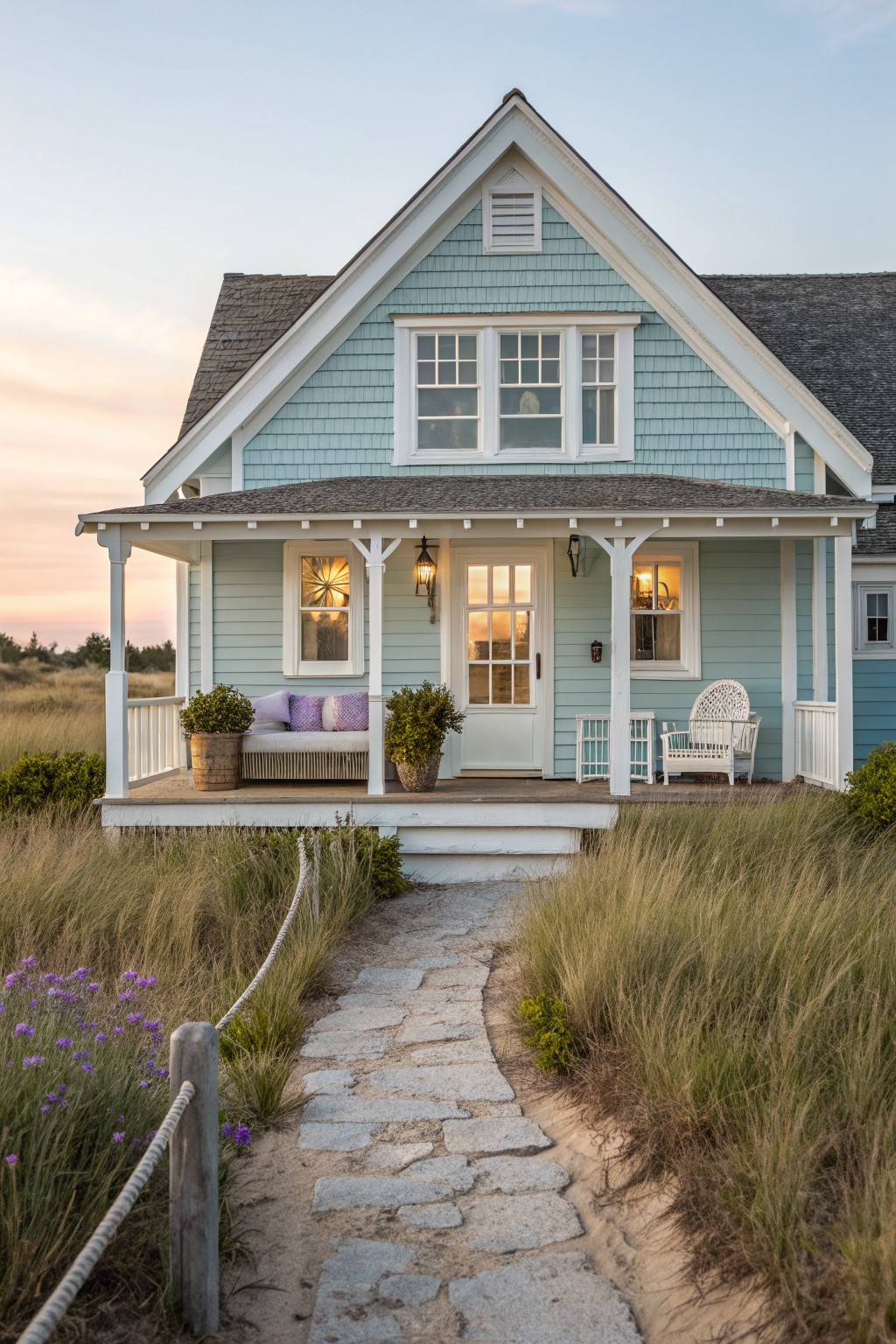 A light blue green house with white trim and a stone path leading to the front porch.