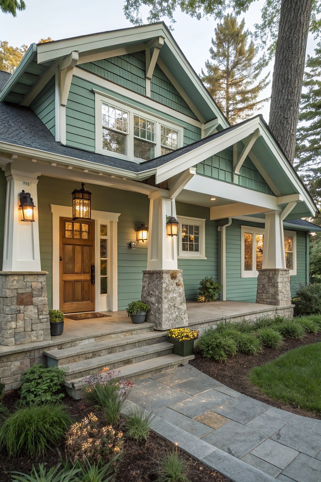 A house exterior painted in soft sage green siding with white trim and stone details.