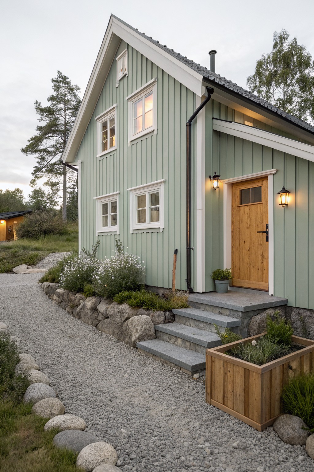 A house with soft sage green siding and white trim.