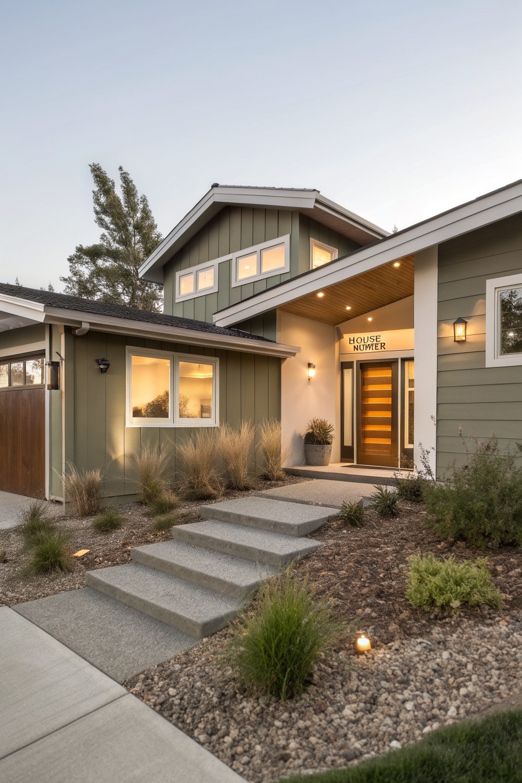 House exterior with muted sage green siding and white trim.