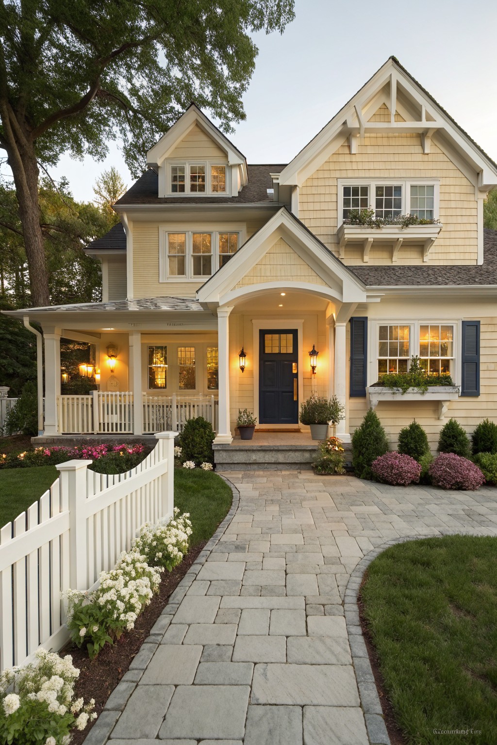 A pale yellow house exterior with white trim and a stone path leading to the front porch.