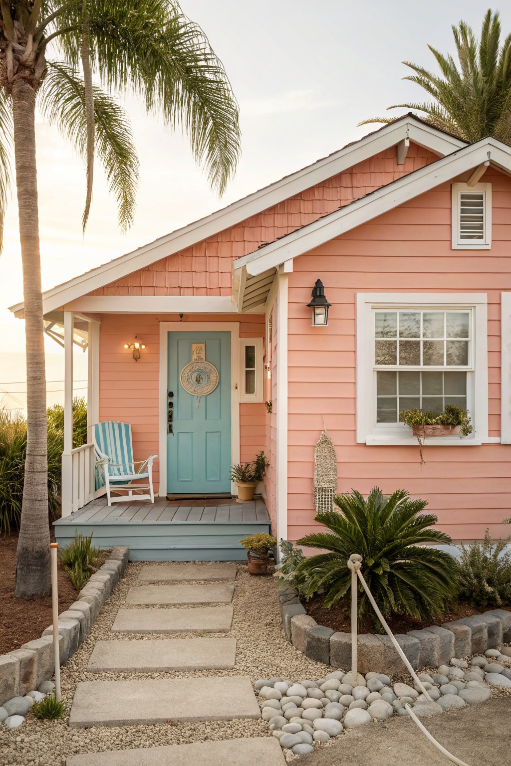 Soft coral siding covers the exterior of a house with white trim.
