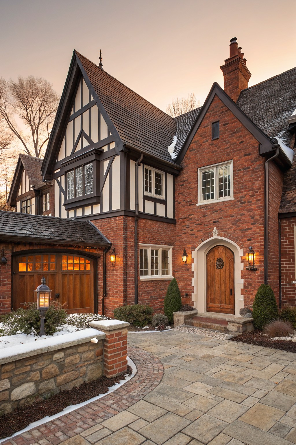 A red brick house exterior with white trim around the windows and arched entry.