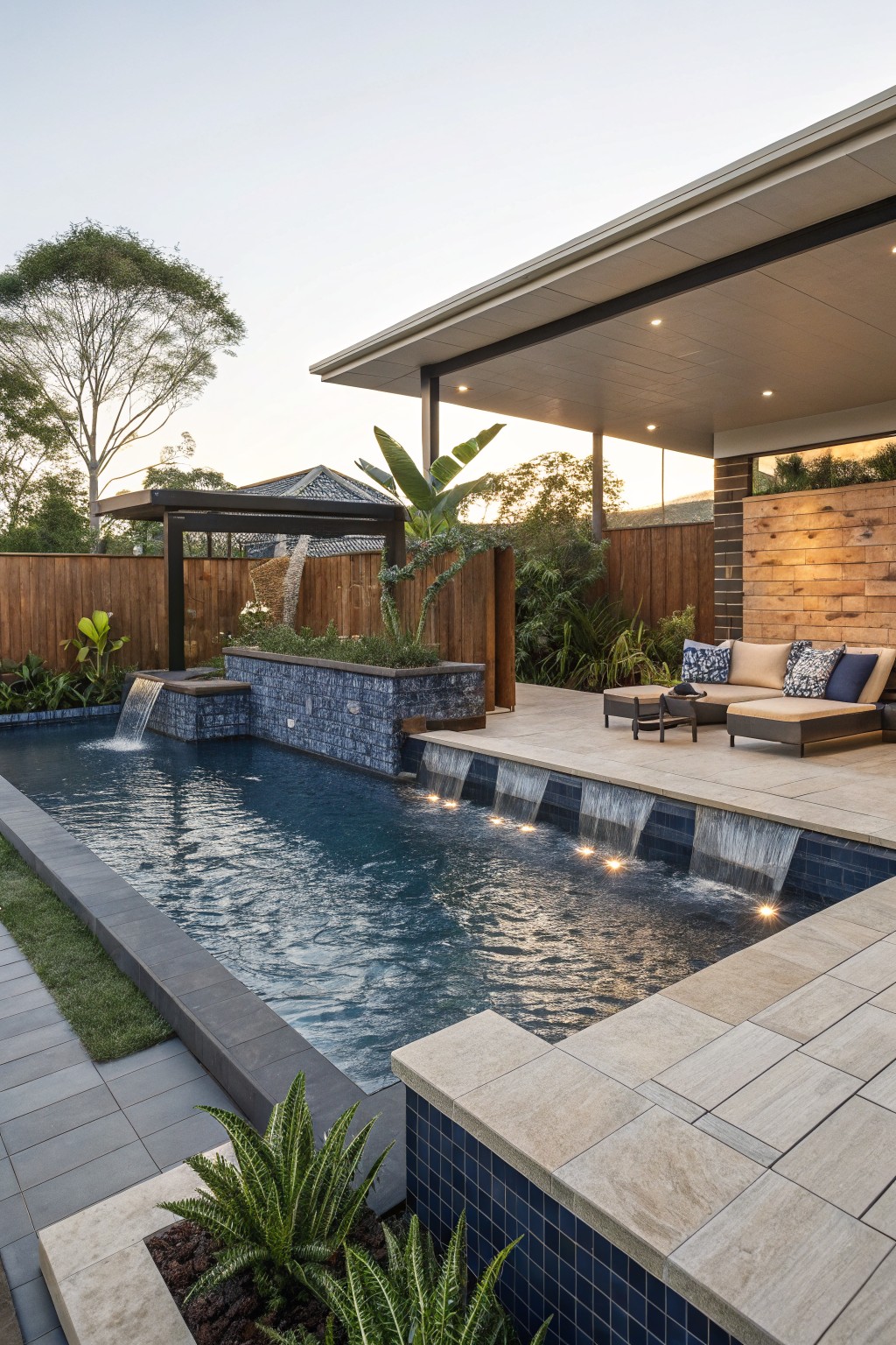 Narrow rectangular pool with blue-tiled waterfall edge from raised beige stone deck, outdoor loungers and cushions, tropical plants, wooden screens, and house roofline in background at sunset.