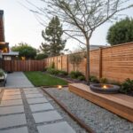 Backyard scene with a black metal pergola featuring a lattice roof over a low wooden daybed with cushions, wooden privacy fence, gravel pathway with pavers, raised planting bed, and various shrubs and trees under evening lights.