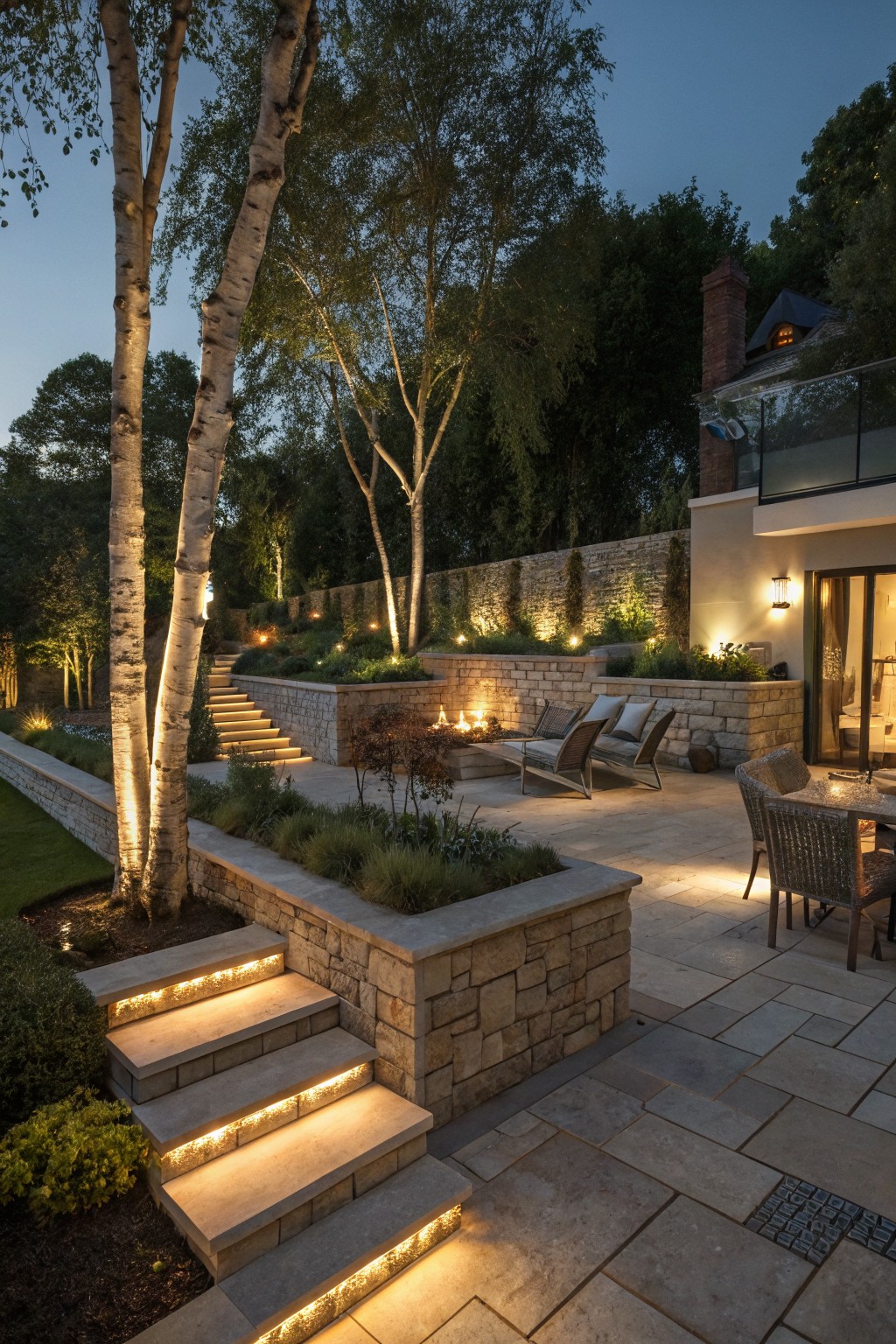 Terraced stone backyard with LED-lit steps, retaining walls, birch trees, potted plants, lounge chairs, dining table, and house visible at dusk.