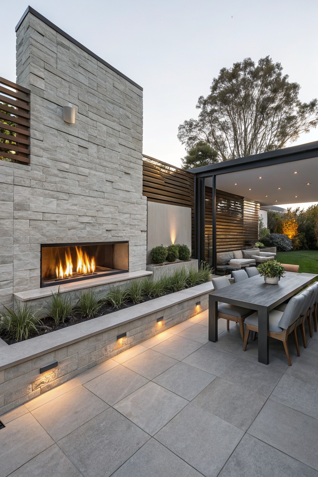Modern outdoor patio with linear gas fireplace in stone wall, black rectangular dining table with chairs, low plants in raised beds, pathway lighting, and covered seating area nearby.