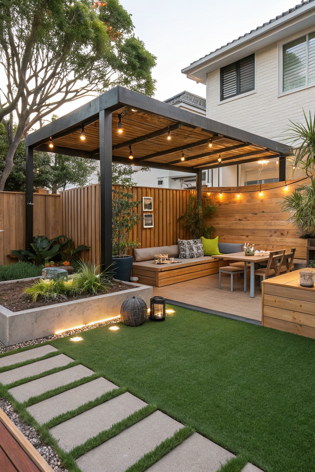 Backyard patio under black steel pergola with hanging string lights and wooden slats, featuring L-shaped bench seating, dining table, chairs, built-in planters, and adjacent artificial grass lawn with stone path.