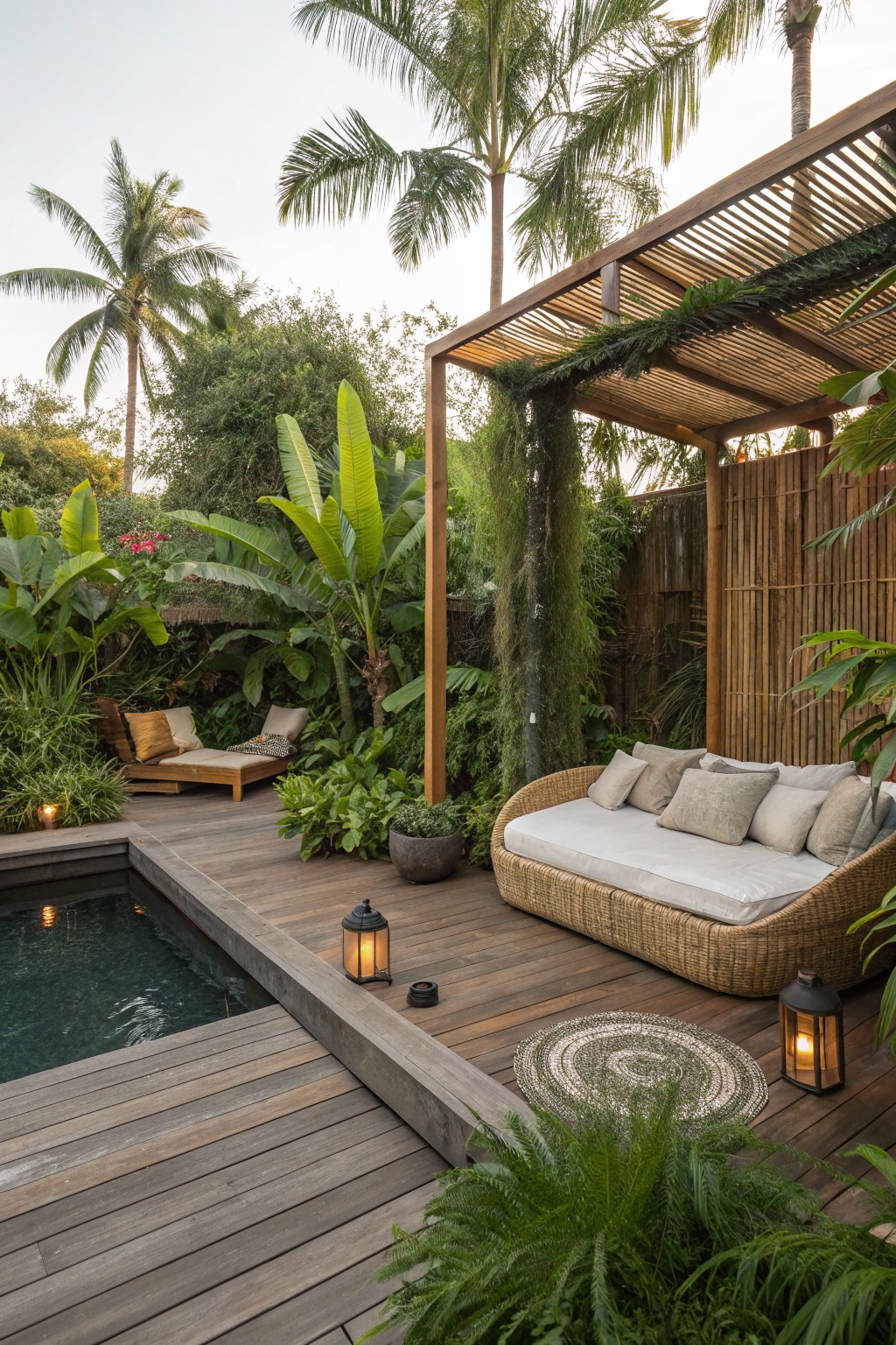 Wooden deck around a small rectangular pool with a large woven daybed under a slatted pergola, surrounded by tropical plants, bamboo screens, lanterns, and potted greenery.