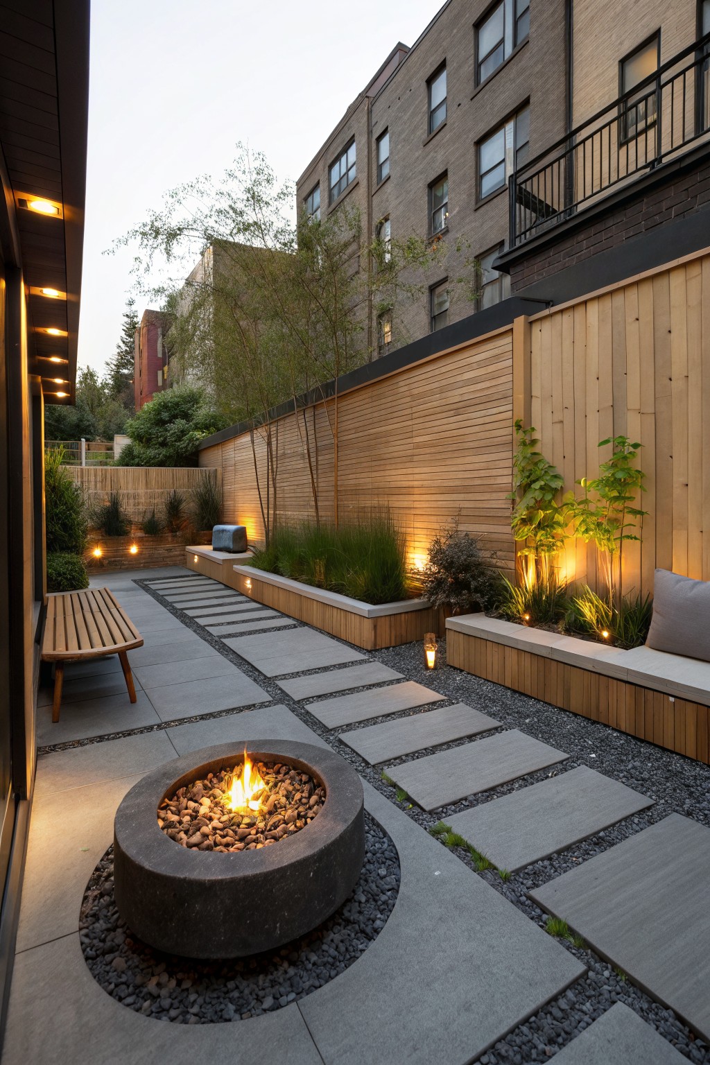 Narrow backyard courtyard with gray paver pathway leading to central round stone gas fire pit surrounded by pebbles, flanked by wooden benches and raised planters with grasses and small trees against cedar fences, lit by ground lights at dusk.