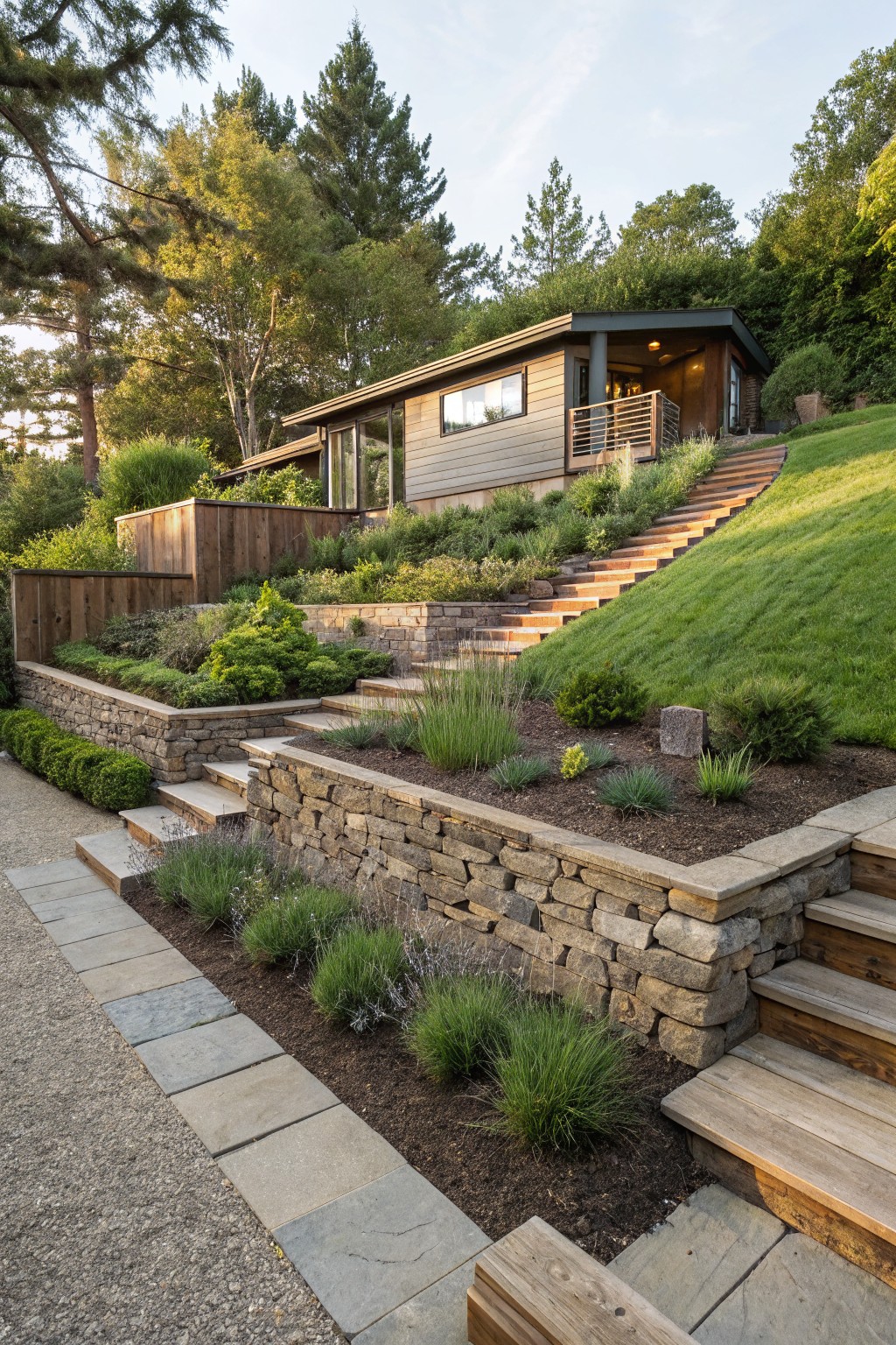 A modern house with wood siding and large windows on a grassy slope, surrounded by tiered stone retaining walls, wooden stairs, and planted shrubs and grasses.