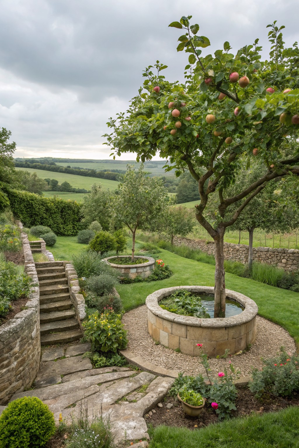 Terraced garden on a slope featuring stone steps, a circular stone basin planter with a tree and water plants, apple trees with fruit, flower beds, hedges, and a lawn, with rolling fields visible in the background under cloudy skies.